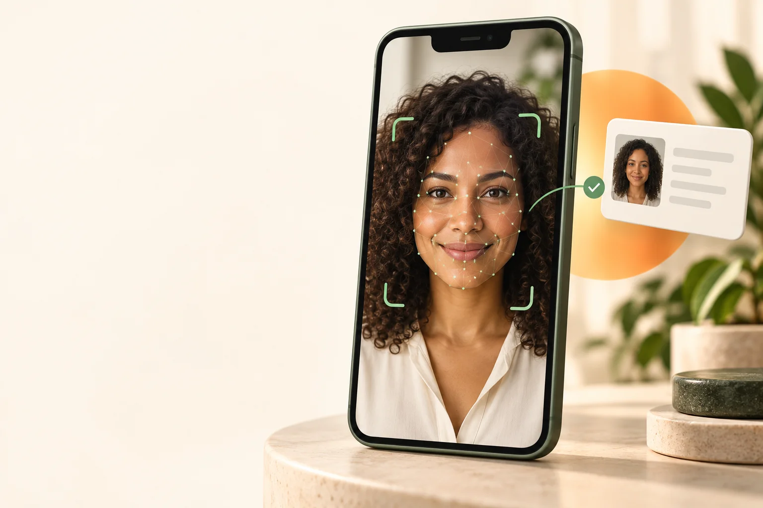 Illustration of a live selfie being matched to an ID portrait.